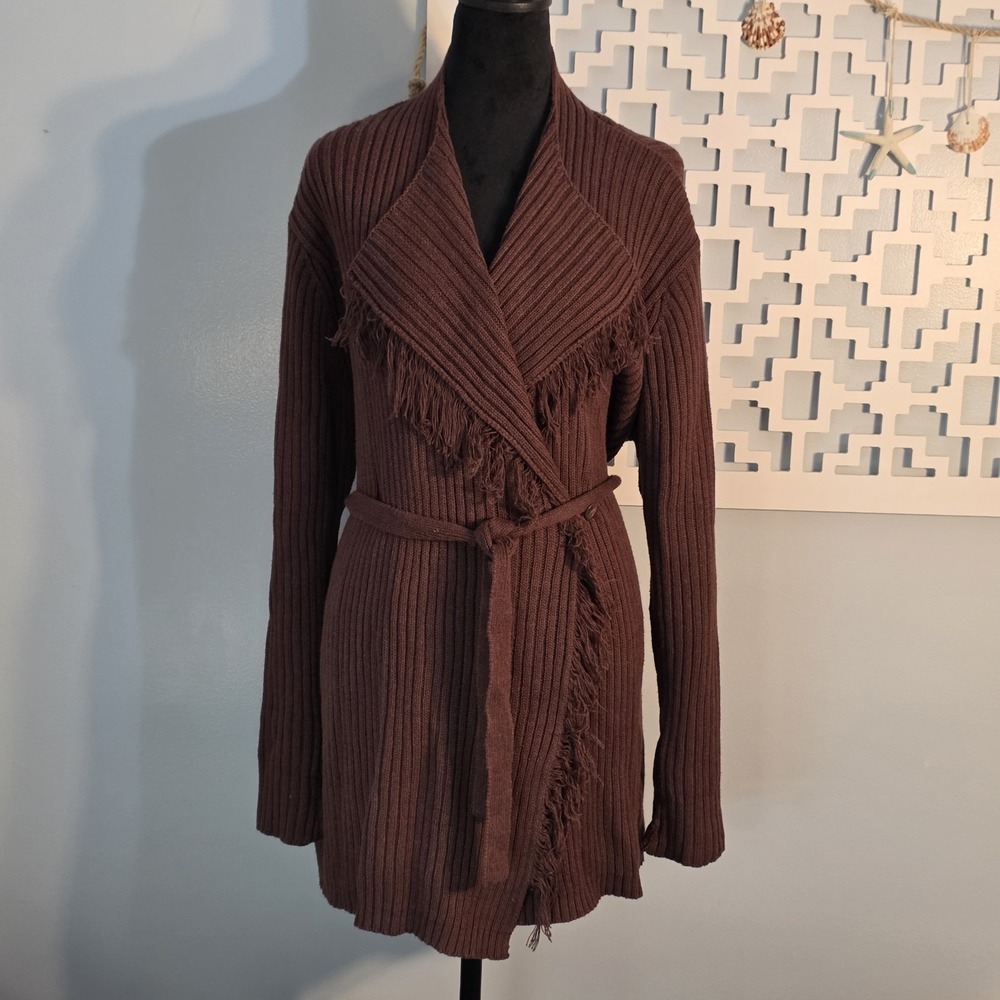 Maggie Sweet Womens Fringe Cardigan Brown Large Toffee Heather Ribbed Wrap